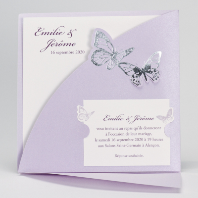 Faire-part carré avec pochette lilas et papillons (FR)
 (102.057)