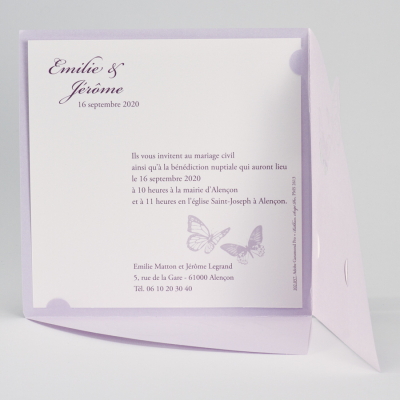 Faire-part carré avec pochette lilas et papillons (FR)
 (102.057)