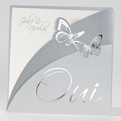 Faire-part carré avec pochette argentée et papillons (FR)
 (102.059)