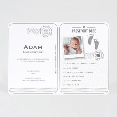 Faire-part naissance passeport pieds argentés (581.125)