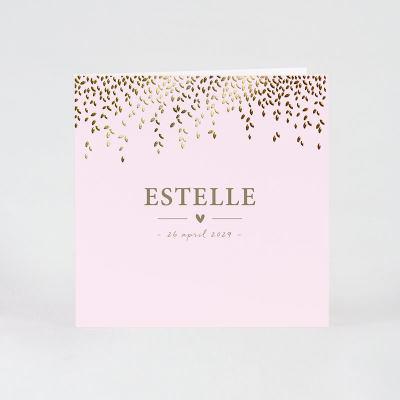 Faire-part naissance rose pâle et feuillage et prénom dorés (585.001)