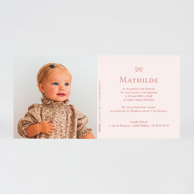 Faire-part baptême nœud rose sur fond ligné (585.040)