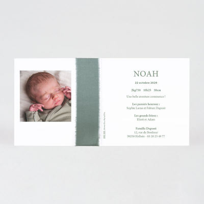 Faire-part naissance minimaliste initiale et ruban vert (585.126)