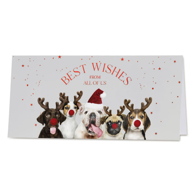 Carte de vœux chiens avec chapeau de Noël avec rouge à chaud (842.014)