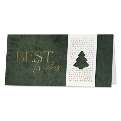 Carte de vœux Best Wishes avec sapin de Noël et voeux en or (842.020)