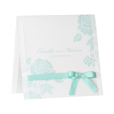 Romantische huwelijkskaart met turquoise bloemen + lint (104.013)