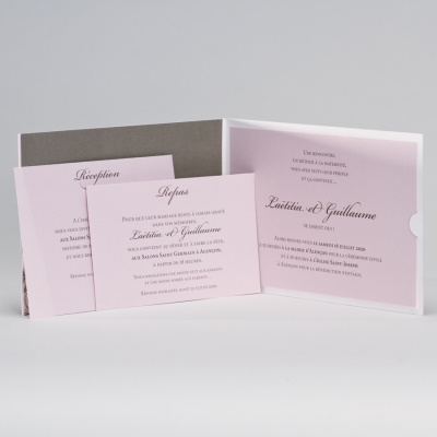 Grijze trouwkaart met roze kantmotief en lint (106.066)