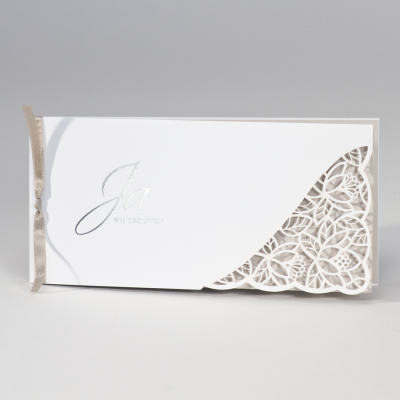 Langwerpige witte trouwkaart met gelaserd kantmotief NL - bruin (108.094)