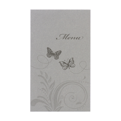 Zilveren menukaart met 2 vlinders en blanco inlegvel
 (201.008)