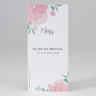 Enkele menukaart met roze aquarelbloemen (208.022)