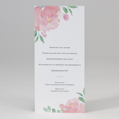 Enkele menukaart met roze aquarelbloemen (208.022)