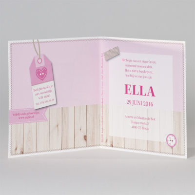 Geboortekaartje met voetjes en roze label (505.040)
