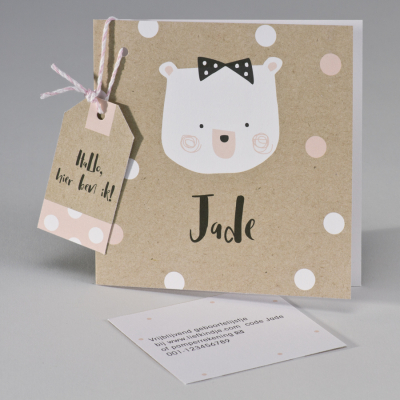 Ecokaart met beer en confetti wit/roze (507.094)