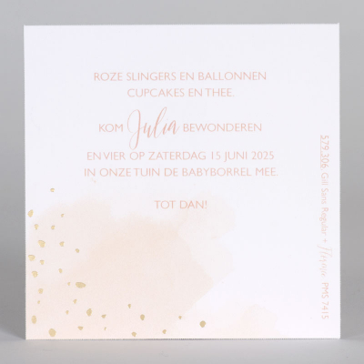 Borrelkaartje roze aquarel met confetti goudfolie (579.306)