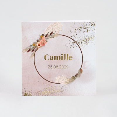 Vierkant boho geboortekaartje met flowerhoop en goudfolie  (585.016)