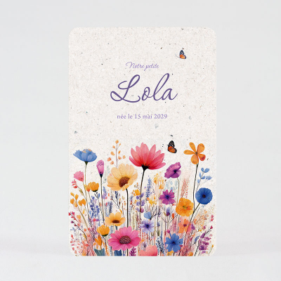 Originele geboortekaart met kleurrijke bloemen op natuurpapierlook (585.029)