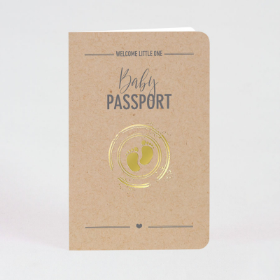 Eco paspoort geboortekaartje met stempel in koperfolie (589.024)