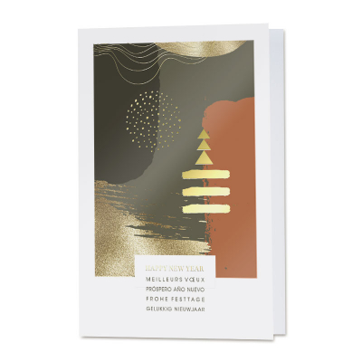 Trendy eindejaarskaart in aardetinten met goudfolie en internationale wensen (841.008)