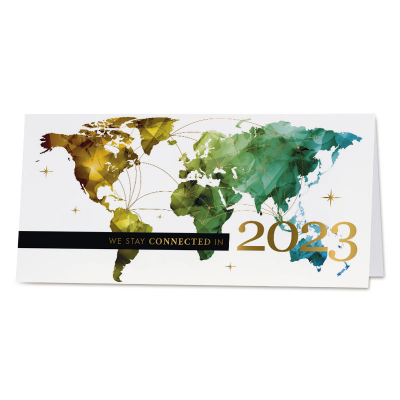 Zakelijke wenskaart wereldkaart met goudfolie We stay connected in 2023 (842.016)