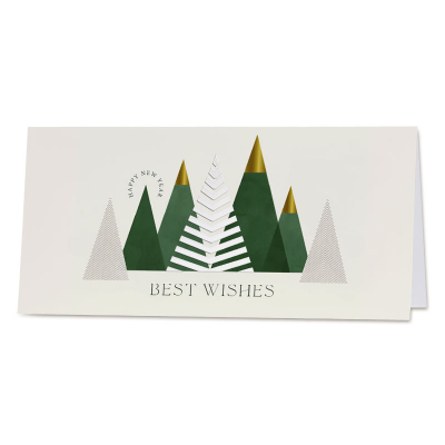 Kerstkaart strakke kerstbomen en gepreegde witte boom Best Wishes  (843.027)