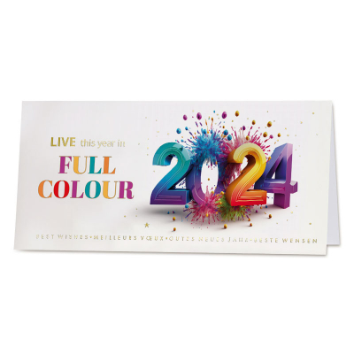Nieuwjaarskaart met kleurrijk jaartal en verfspatten met goudfolie  (843.040)