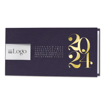 Donkerblauwe nieuwjaarskaart met logo-uitkap en wensen in zilver- en goudfolie  (843.048)
