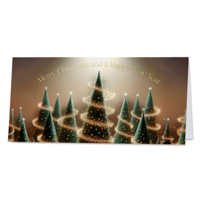 Sfeervolle kerstkaart met glinsterende kerstbomen (844.019)