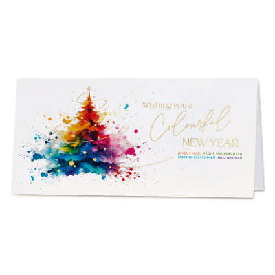 Zakelijke kerstkaart met kleurrijke kerstbom en wens in goudfolie  (844.021)