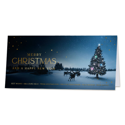Zakelijke kerstkaart met fonkelende kerstboom in sneeuwlandschap en folie (844.033)