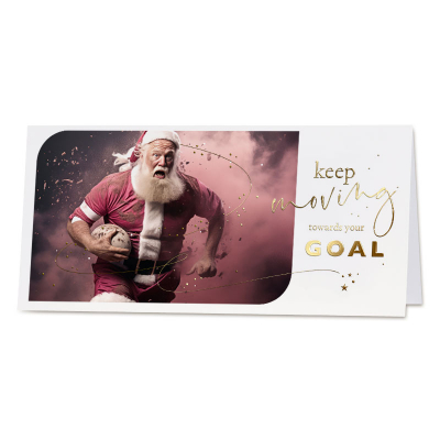 Zakelijke kerstkaart kerstman met rugbybal 'Keep Moving towards your goal' (844.080)
