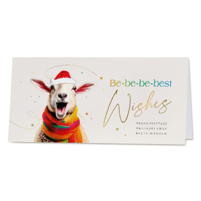Vrolijke kerstkaart met schaap met kerstmuts en kleurrijke sjaal - ENG (845.086)