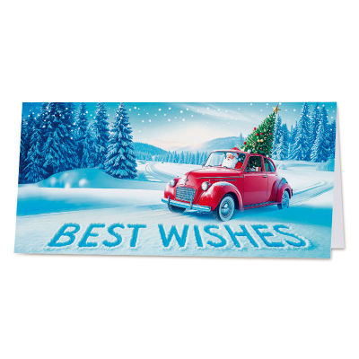 Kerstkaart met rode oldtimer en kerstboom in winters landschap (845.090)