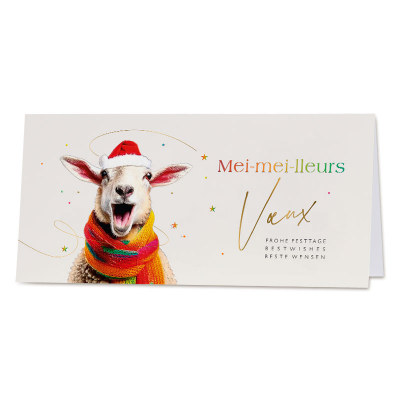 Vrolijke kerstkaart met schaap met kerstmuts en kleurrijke sjaal - FR (845.097)