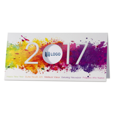 Witte kaart 2017 met kleurrijke verspatten en ronde uitkap voor logo (846.027)