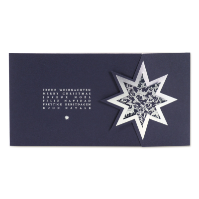 Donkerblauwe kerstkaart met uitgesneden ster in zilverfolie (847.035)