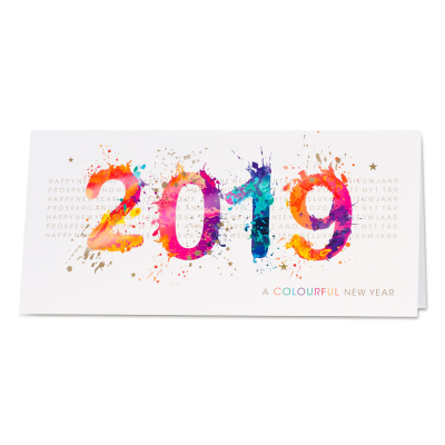Nieuwjaarskaart 2019 in kleurrijke verfspatten (848.001)