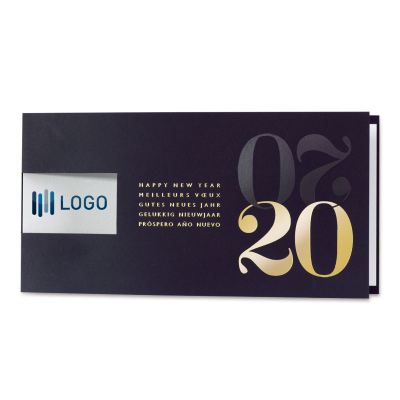 Blauwe nieuwjaarskaart 2020 met venster voor logo en internationale wensen (849.028)