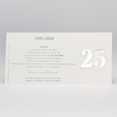 Elegante perlmuttfarbige Jubiläumskarte mit "25" in Silber (106.302)