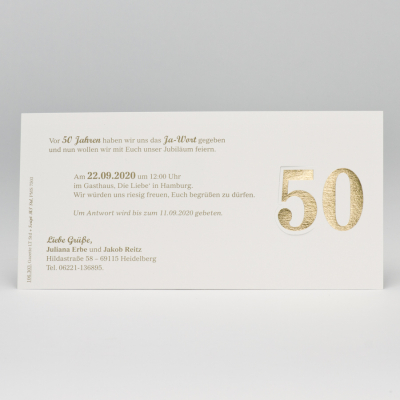 Elegante perlmuttfarbige Jubiläumskarte mit "50" in Gold (106.303)