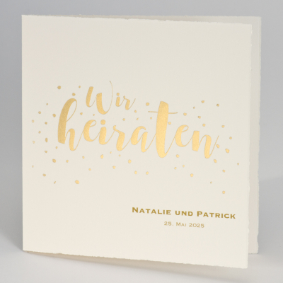 Büttenkarte mit Schriftzug "Wir heiraten" in Gold
 (108.043)