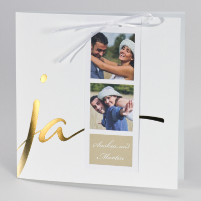 Beige Fotohochzeitskarte mit "Ja" in Goldfolie (108.910)