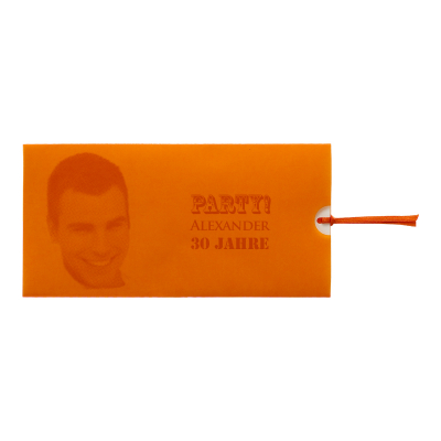 Rechteckige Karte mit orangefarbener Pergament-Tasche u. Schleife (313.021)