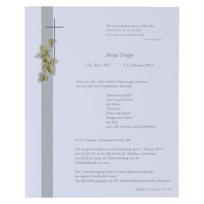 Doppelter Trauerbrief mit Blättern und Kreuz (633.047)