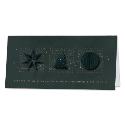 Grüne internationale Weihnachtskarte mit Stern, Tannenbaum, Kugel | Goldfolie (843.025)