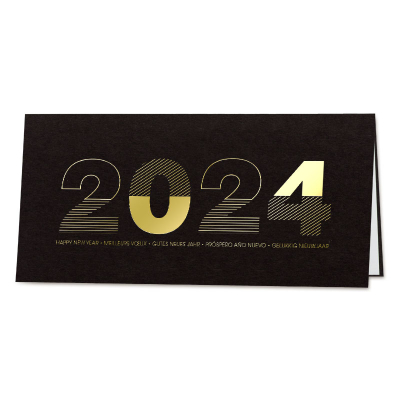 Schwarze internationale Neujahrskarte mit Jahreszahl in Goldfolie (843.035)