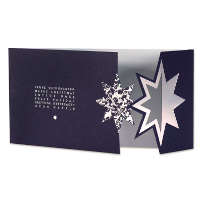 Dunkelblaue Weihnachtskarte mit Sternsymbol in Silberfolienprägung (847.035)