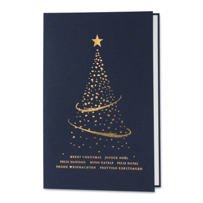 Blaue Weihnachtskarte mit Lichterbaum in Goldfolienprägung (847.096)