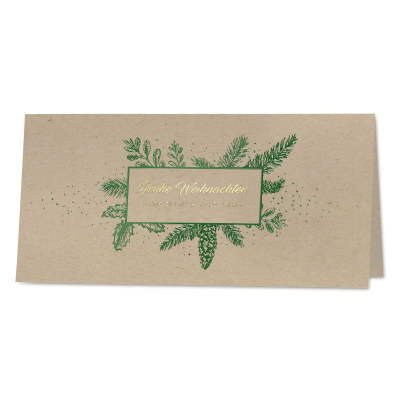 Weihnachtskarte aus Kraftpapier mit grünen Tannenzapfen und Goldfolie (860.005)