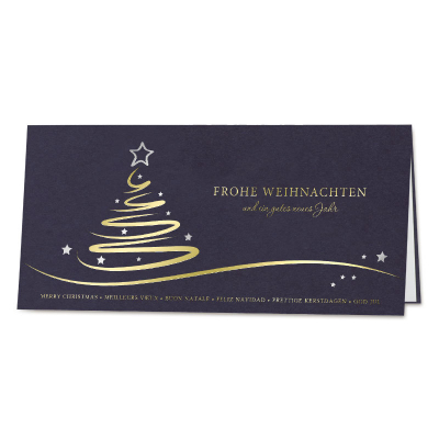 Firmen dunkelblaue Weihnachtskarte mit abstraktem Tannenbaum und Goldfolie (860.013)