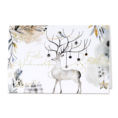 Firmen Weihnachtskarte mit Hirsch auf Aquarellprint und Goldfolienprägung (861.041)